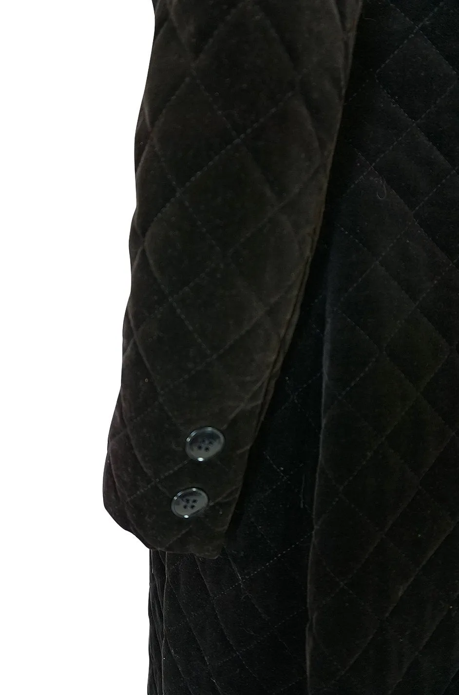 1960s Unlabeled Inky Black Velvet Crossed Stitched Quilted Great Coat