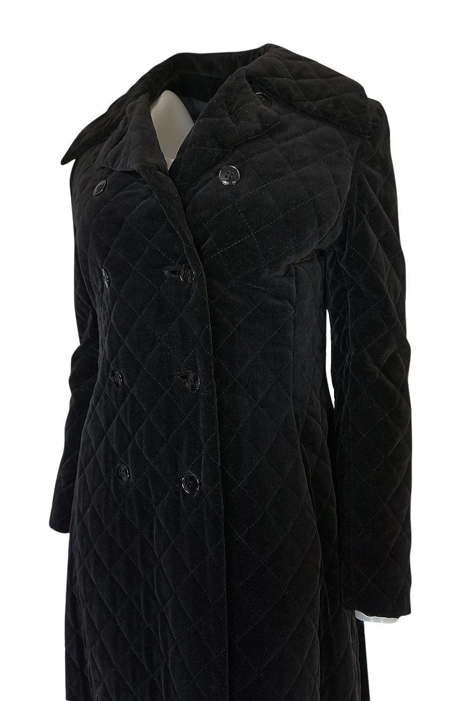 1960s Unlabeled Inky Black Velvet Crossed Stitched Quilted Great Coat