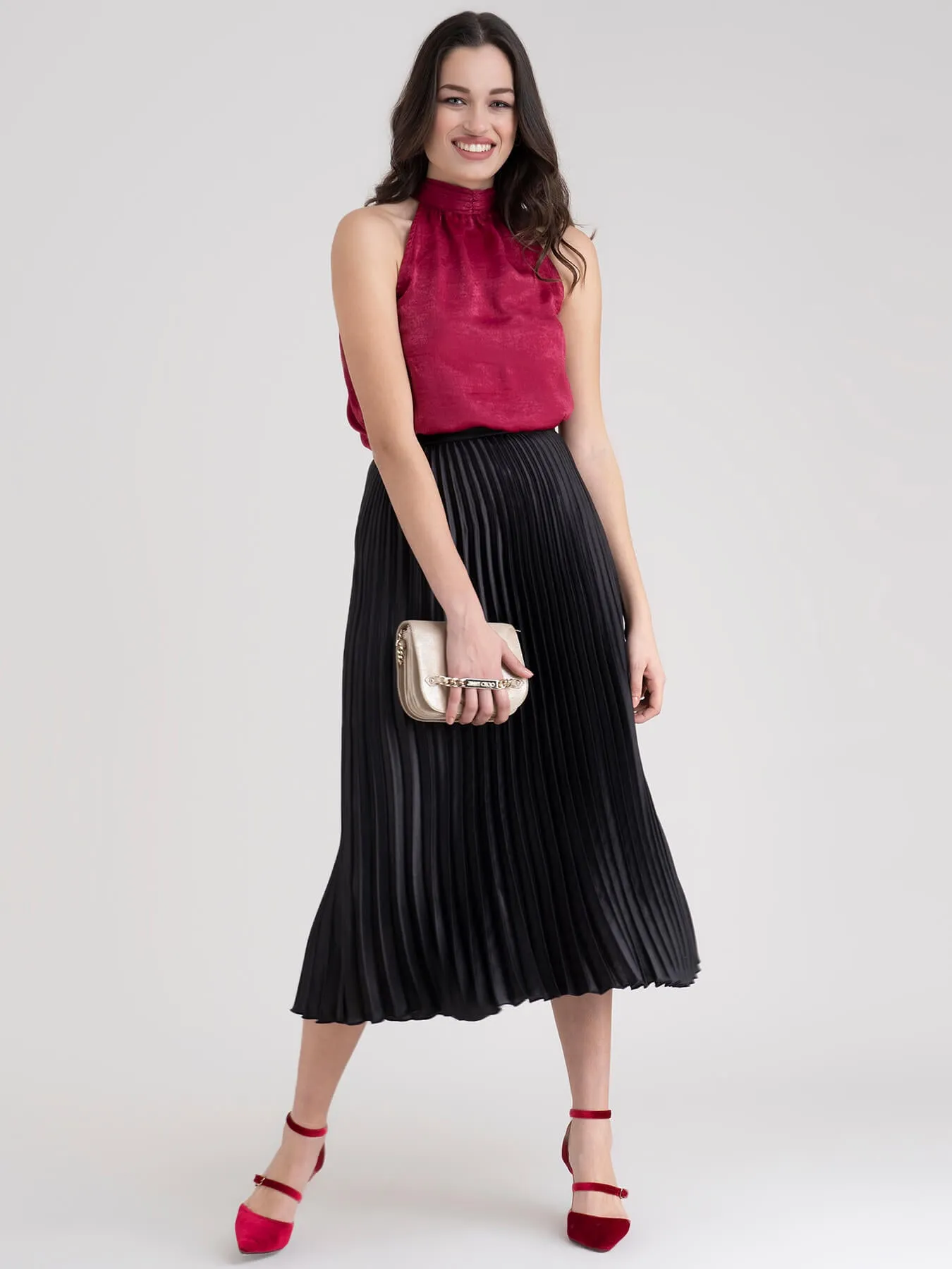 Accordion Pleated Satin Skirt - Black