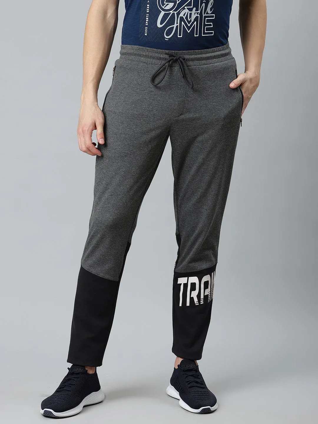 Alcis Men Charcoal Grey & Black Slim Fit Colourblocked Track Pants