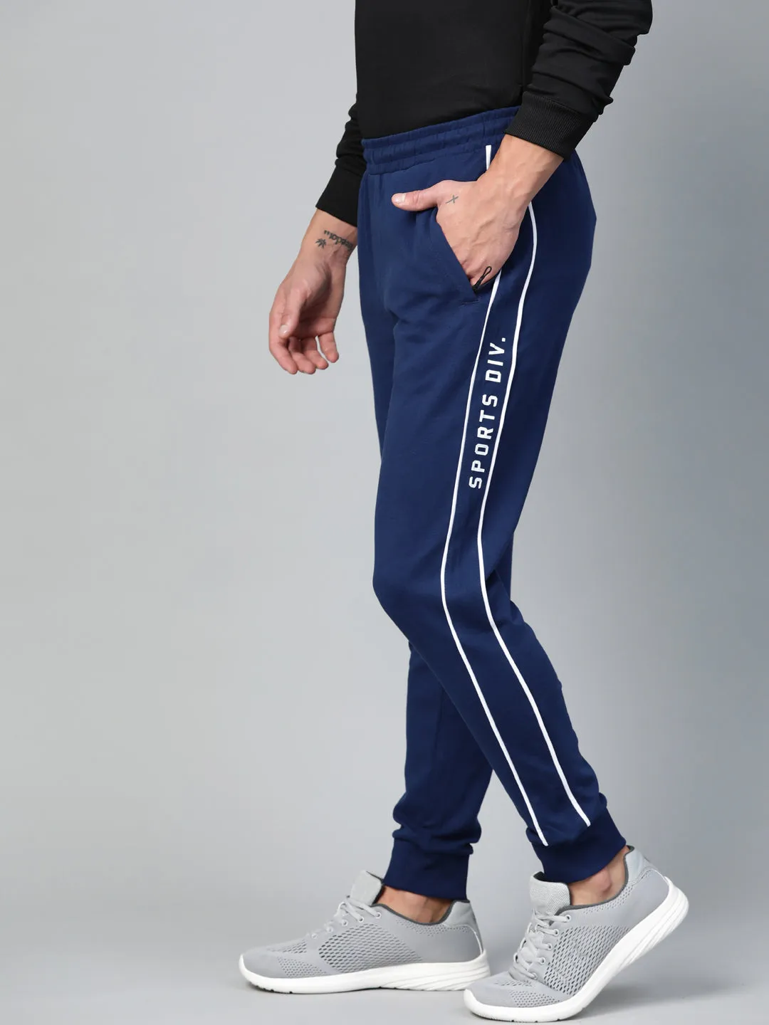 Alcis Men Navy Blue Solid Joggers with Side Striped Detail