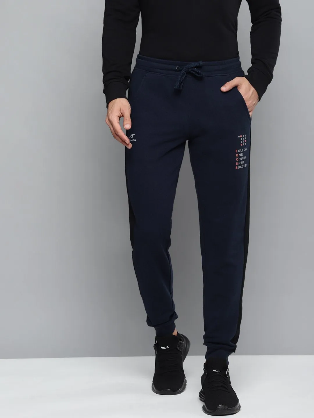 Alcis Men Navy Blue Solid Slim Fit Joggers with Printed Detail