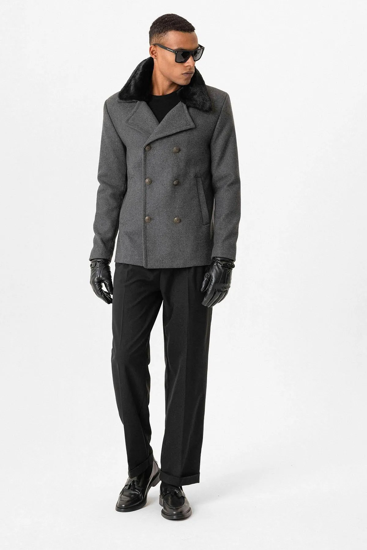 Anthracite Fur Collar Double-Breasted Men's Coat - Wessi