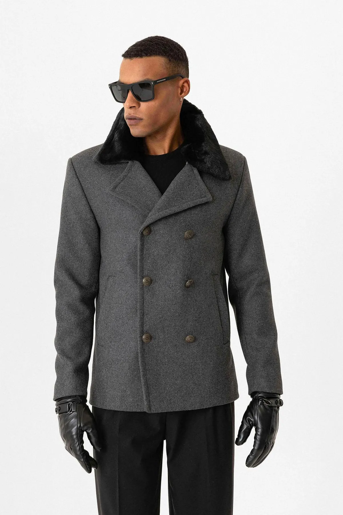 Anthracite Fur Collar Double-Breasted Men's Coat - Wessi