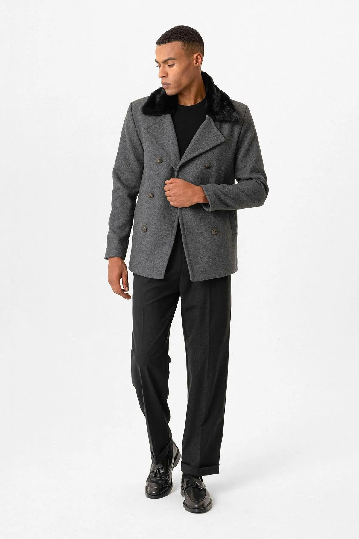 Anthracite Fur Collar Double-Breasted Men's Coat - Wessi