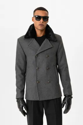 Anthracite Fur Collar Double-Breasted Men's Coat - Wessi