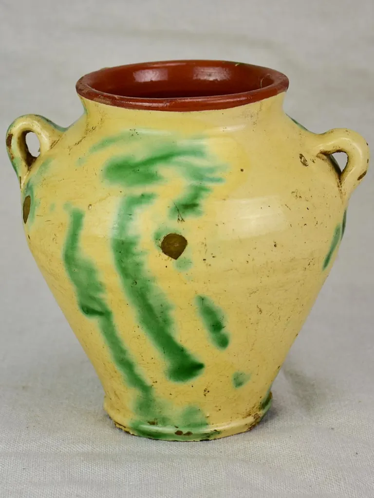 Antique confit pot - yellow and green 8"