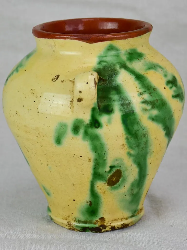 Antique confit pot - yellow and green 8"