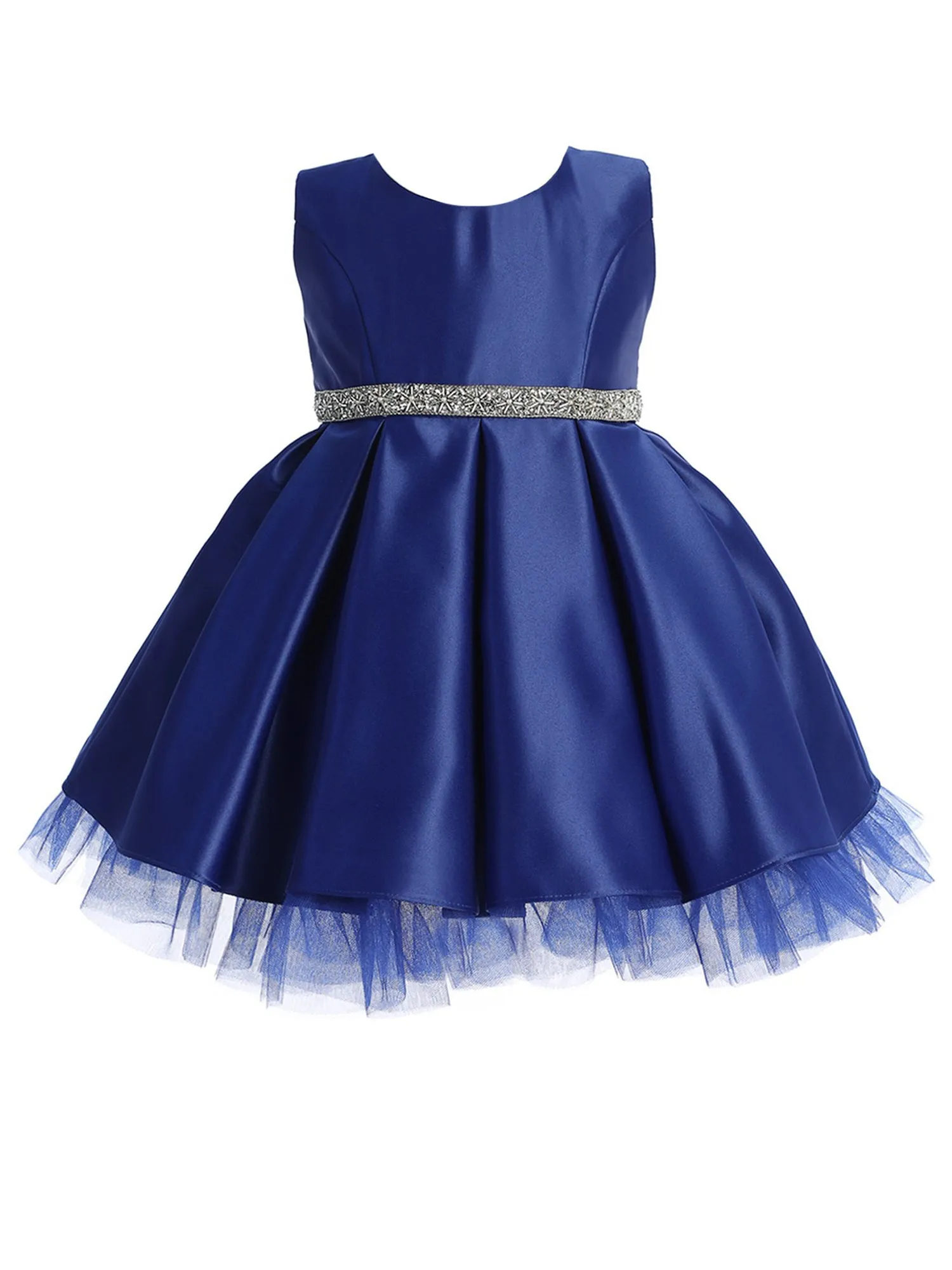 Baby Girls Satin Dress with Pleated Skirt, Crystal Tulle Hem and Rhinestone Waist Trim, Sizes 6-24Months