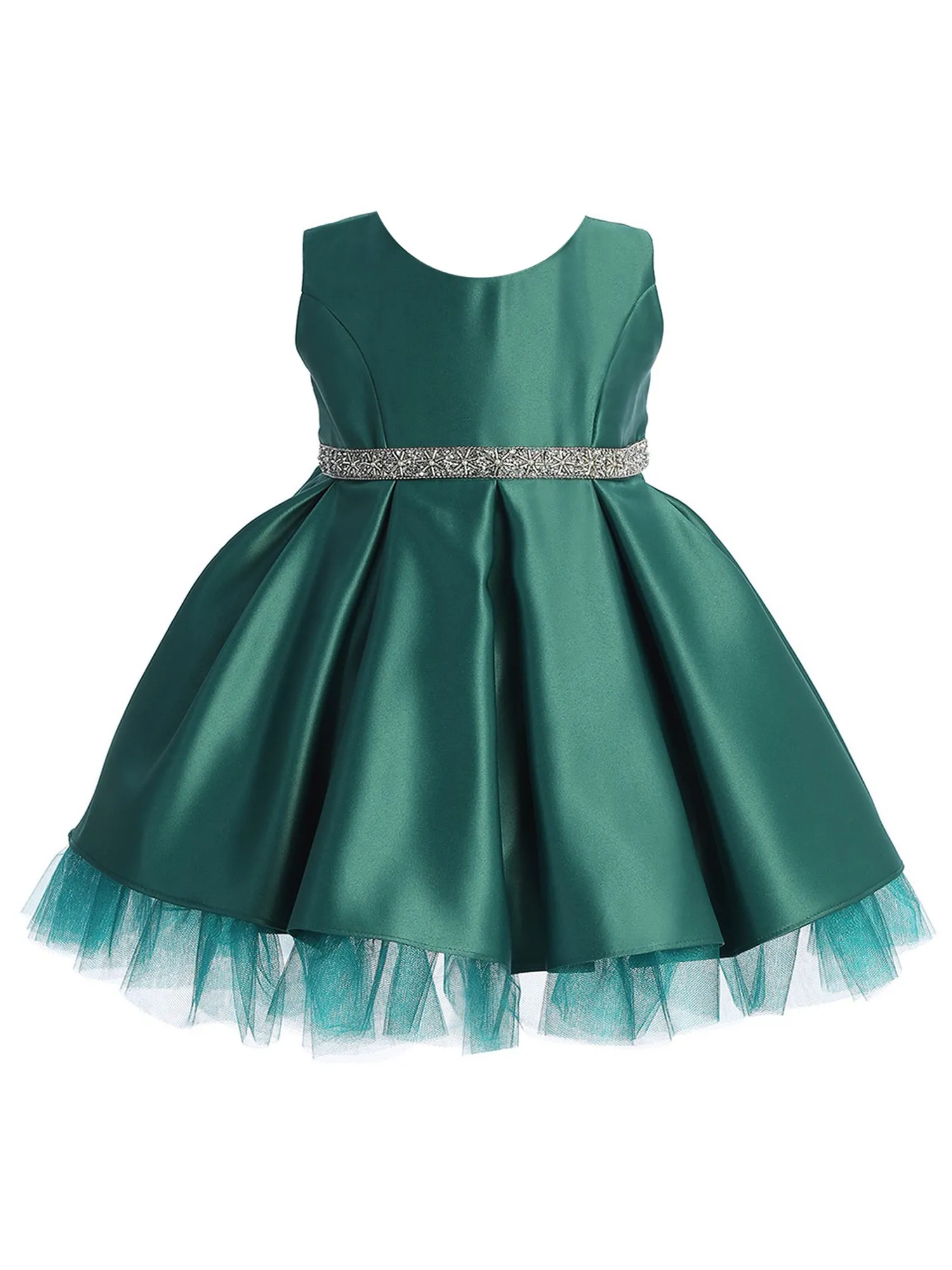 Baby Girls Satin Dress with Pleated Skirt, Crystal Tulle Hem and Rhinestone Waist Trim, Sizes 6-24Months