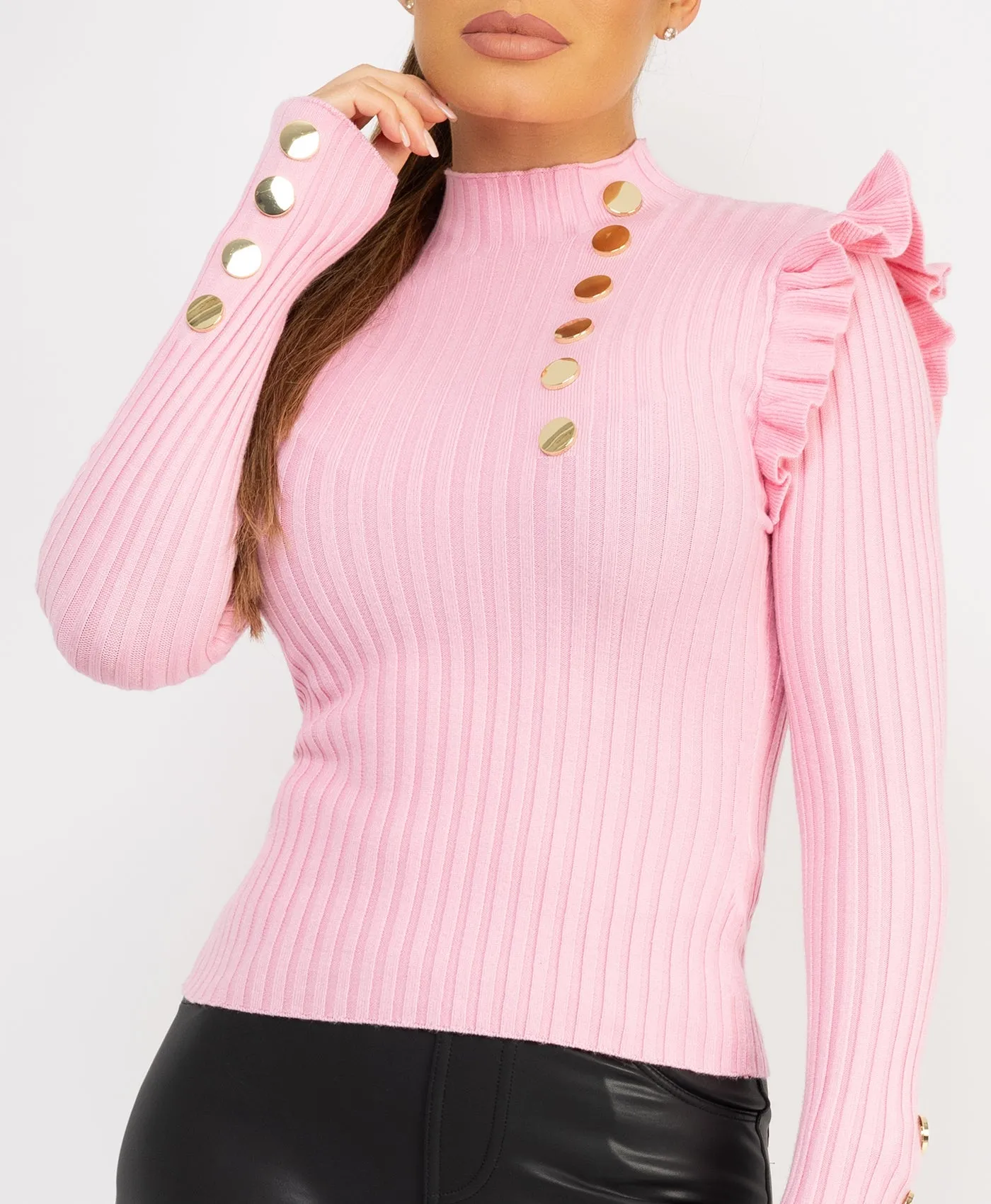 Baby Pink Knitted Frill Sleeve Gold Button Jumper Top