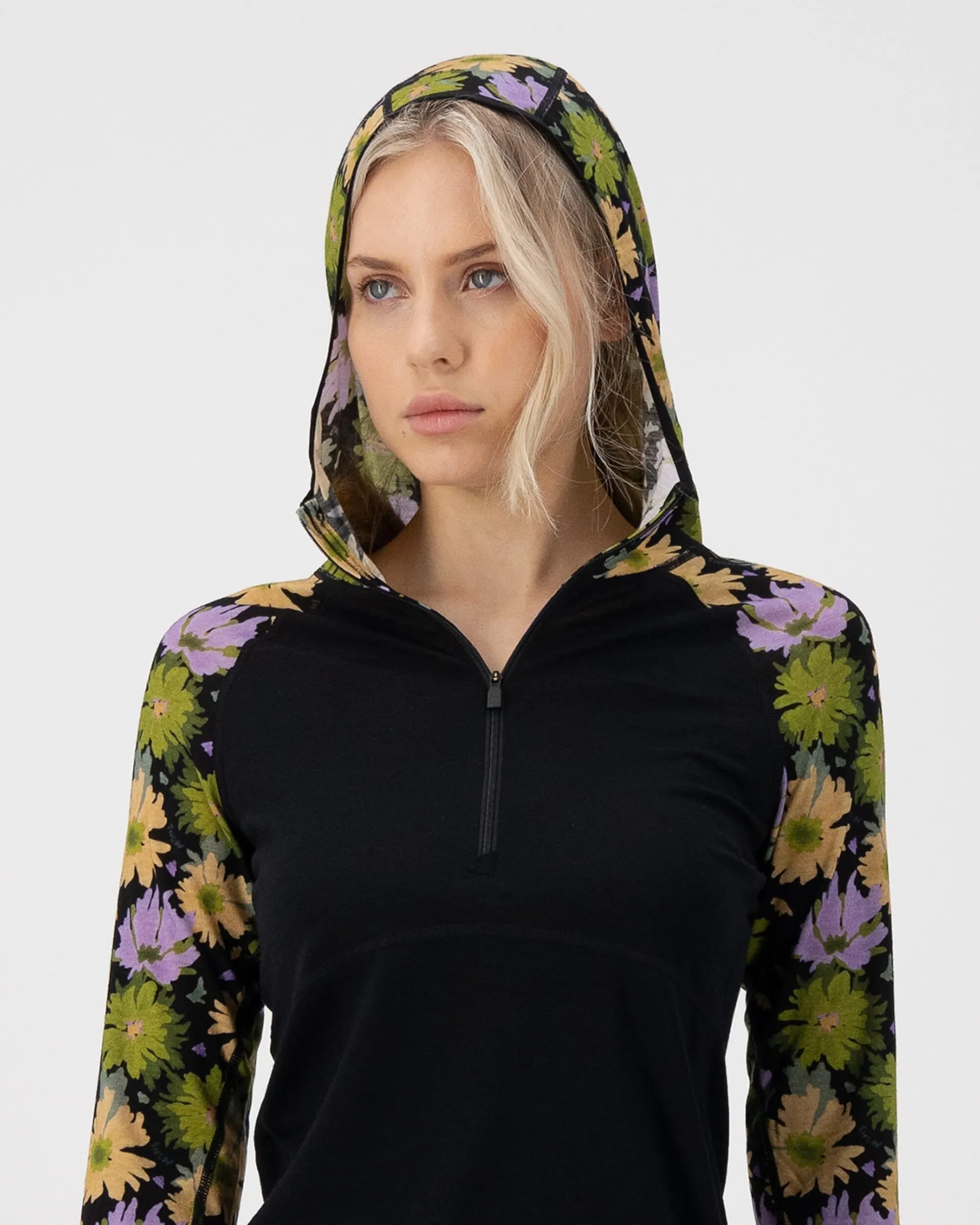 Bella Merino Long Sleeve Hood - Alpine Bloom / Black