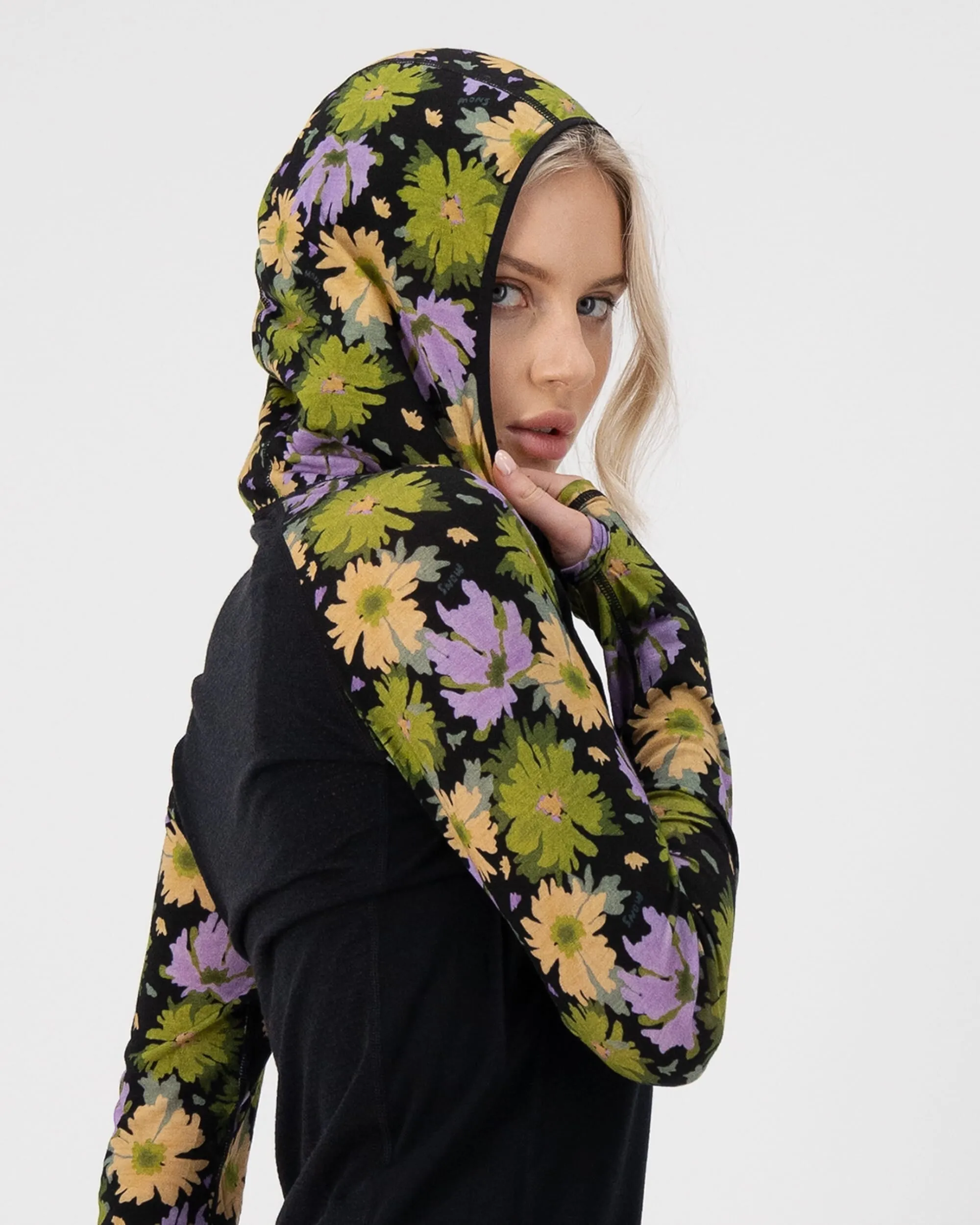 Bella Merino Long Sleeve Hood - Alpine Bloom / Black