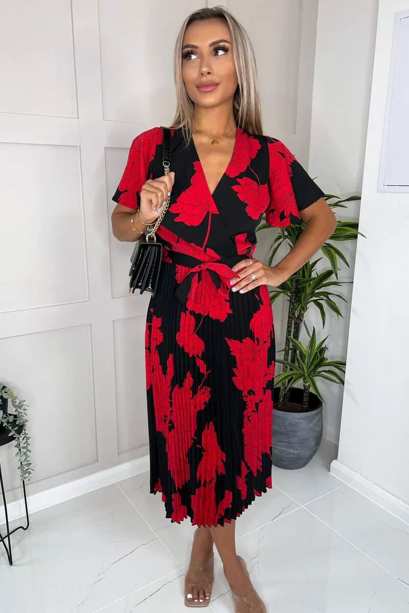 Black And Red Floral Print Pleated Midi Dress