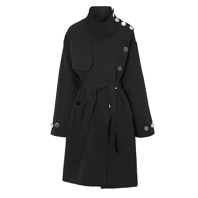 Black Button Big Size Long Trench New Stand Collar Long Sleeve Windbreaker