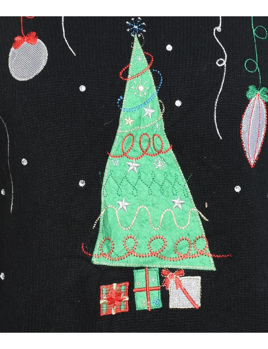 Black Christmas Embroidered Jumper - S