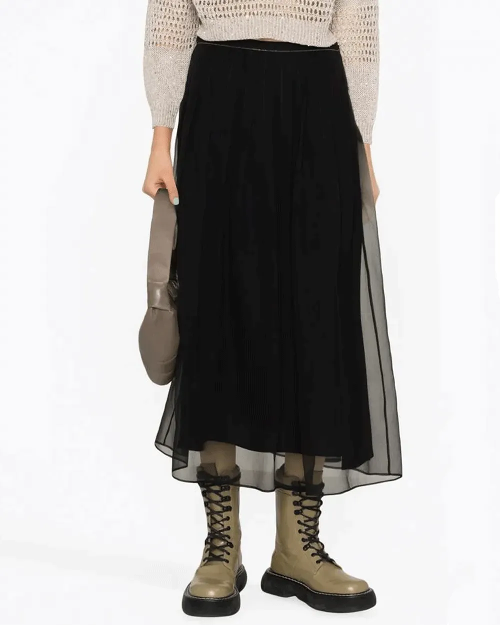 Black Silk Pleated Midi Skirt