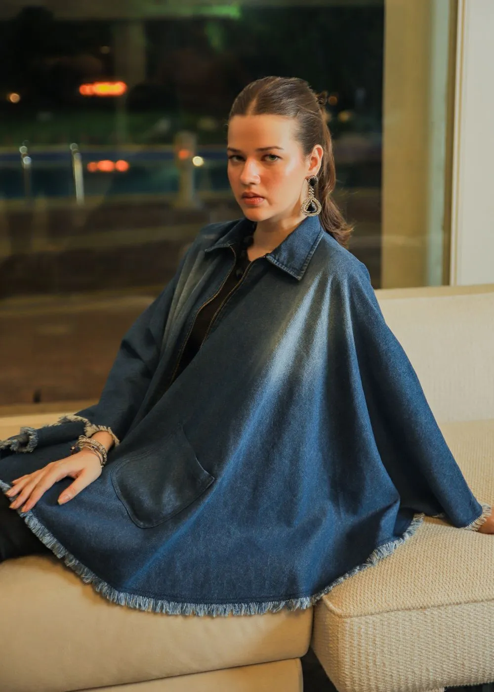 Blue Denim Poncho & Zhob Formal Jeans Look