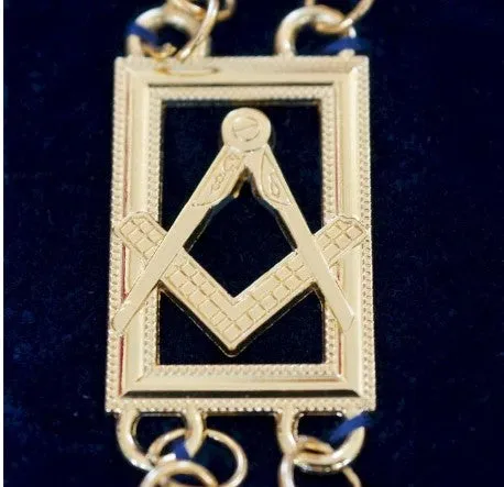 Blue Lodge Square Compass Chain Collar - Gold/Silver on Blue   Free Case