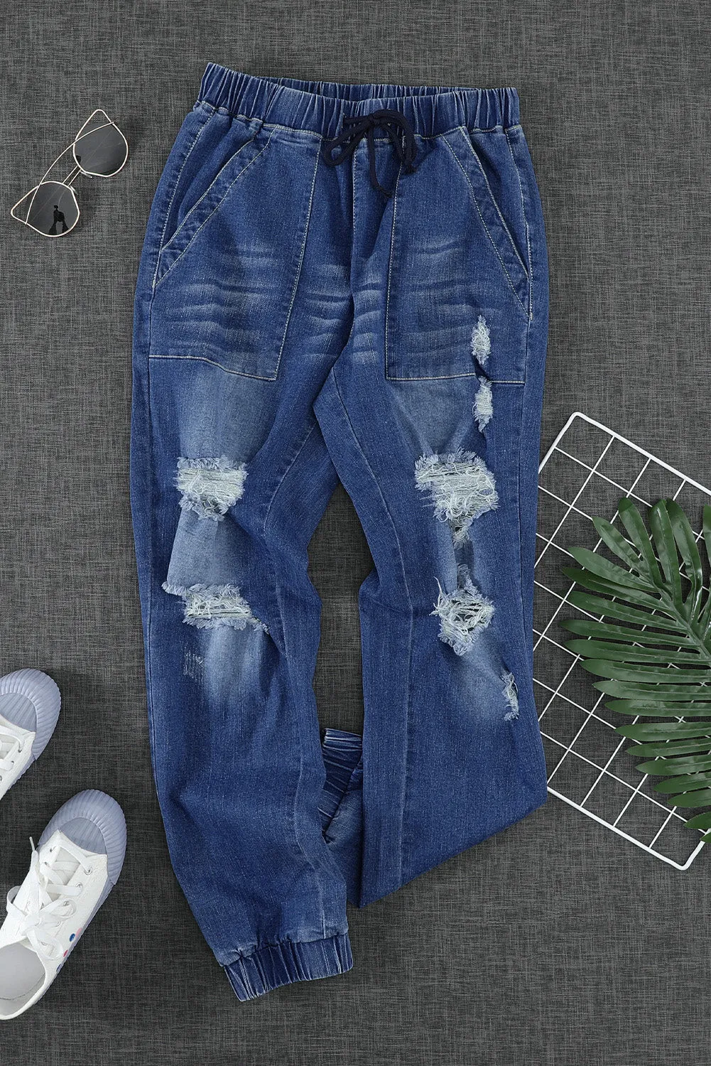 Blue Pocketed Distressed Denim Joggers