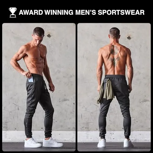 Born Tough Slim-Fit Mens Workout Joggers Pants, Tapered Bodybuilding Gym Joggers, Athletic Running Sweatpants Zipper Pockets Black