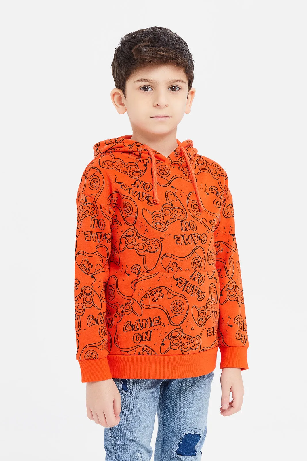 Boys Orange Game Print Oversize Sweatshirt