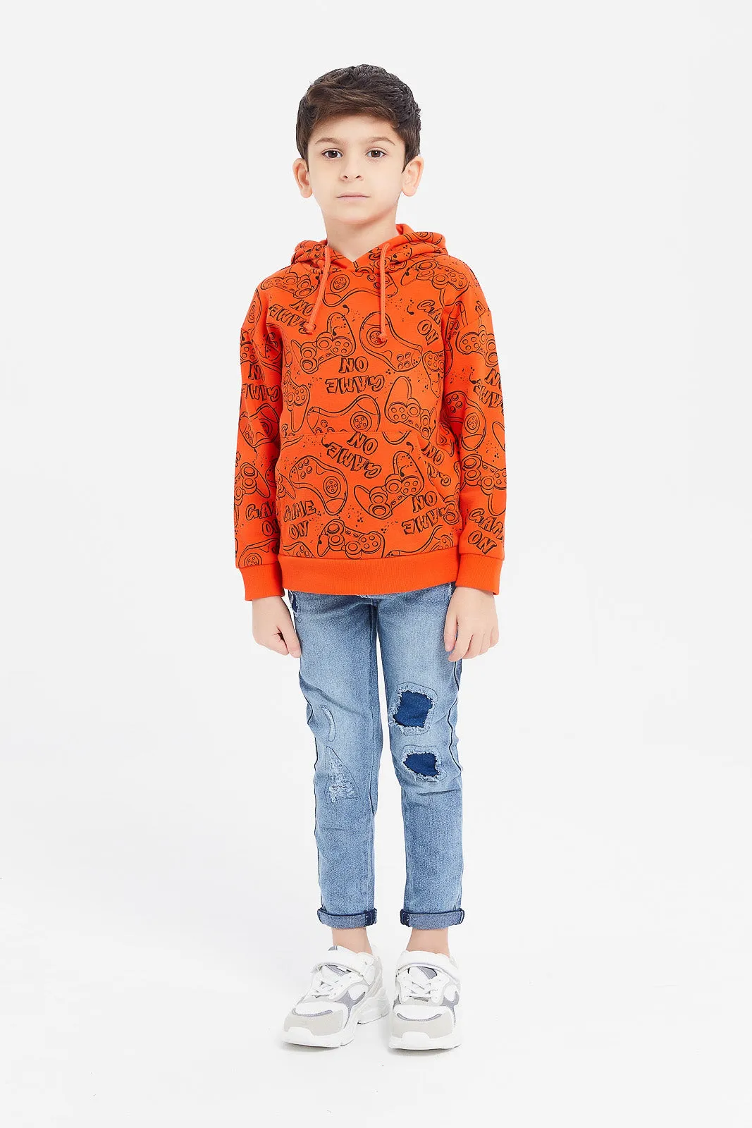 Boys Orange Game Print Oversize Sweatshirt