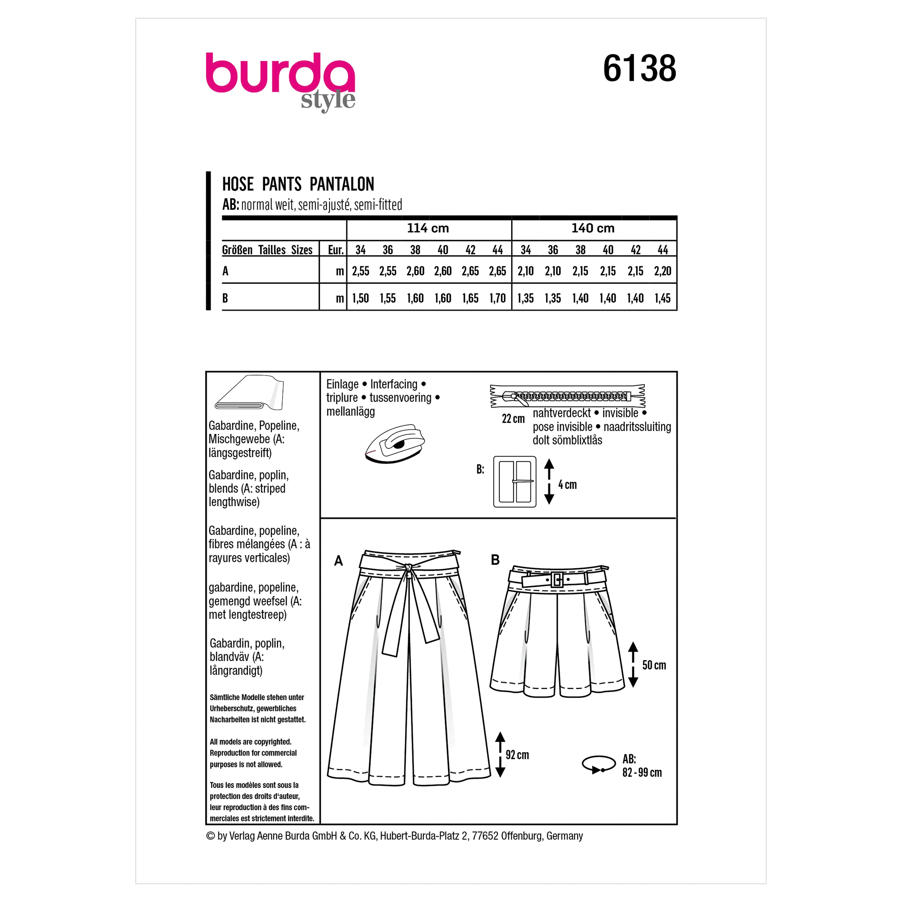 Burda Sewing Pattern 6138 Culottes, Trousers, Pants