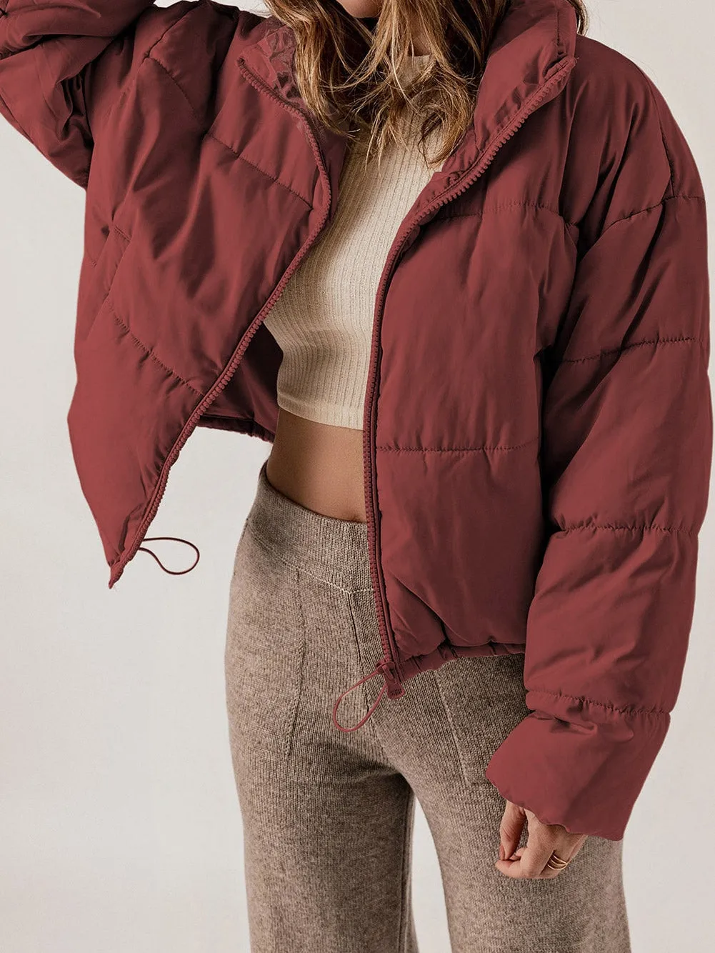 Burgundy Quilted Zipper Closure Puffer Jacket