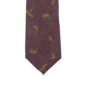 Burgundy wool challis tie with gold & green bird print