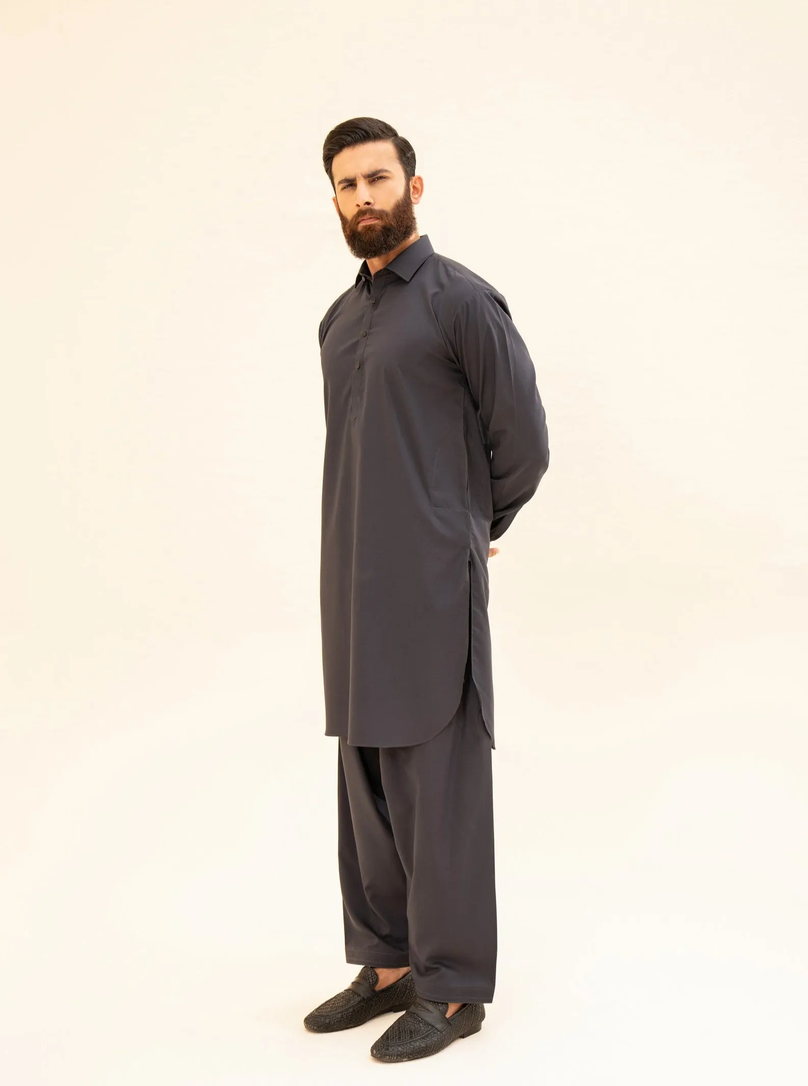 Charcoal Grey French Collar Kameez Shalwar - Men