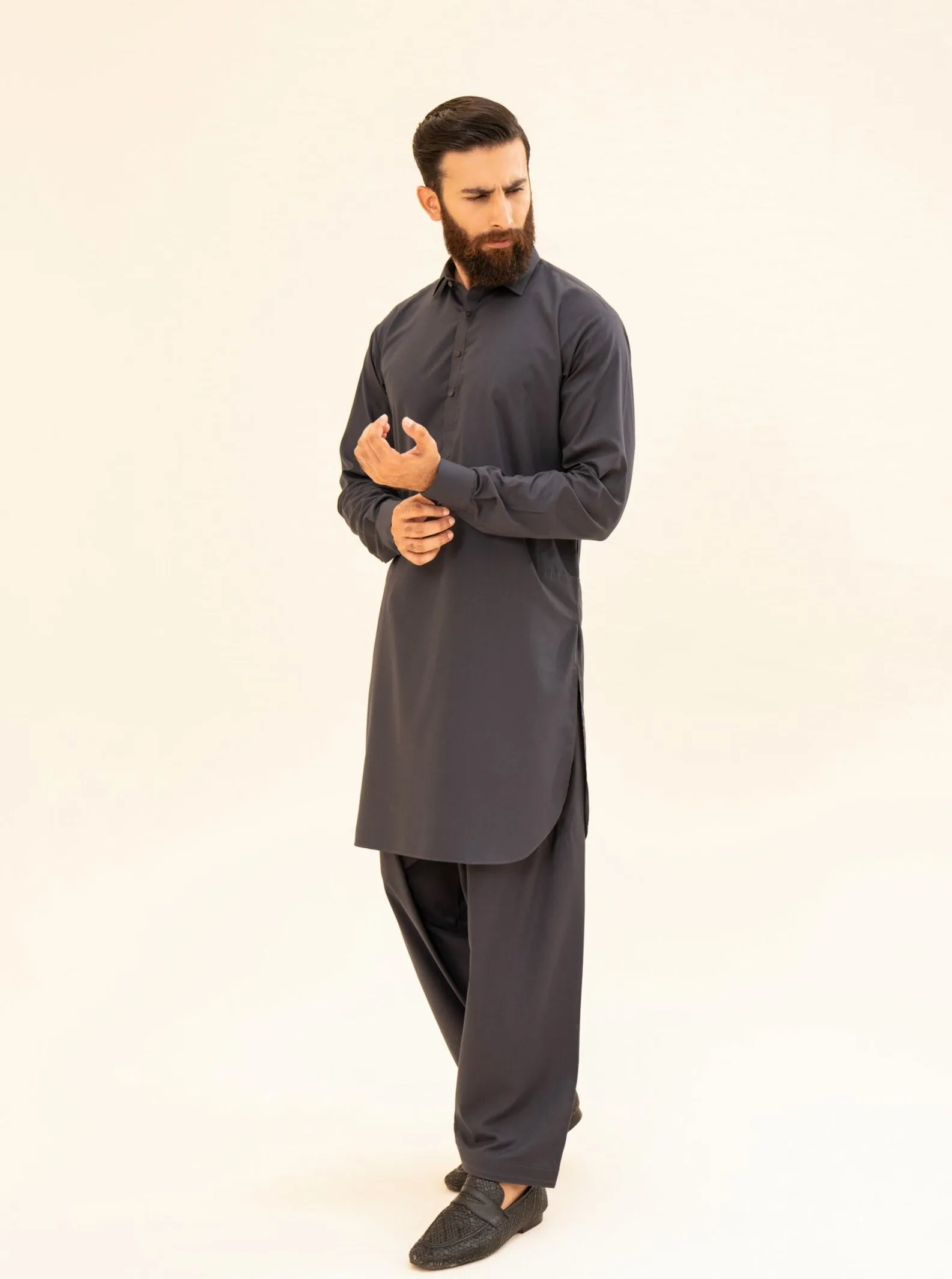 Charcoal Grey French Collar Kameez Shalwar - Men