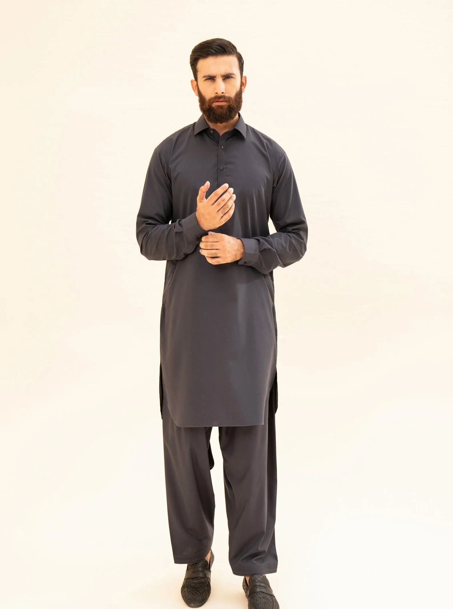 Charcoal Grey French Collar Kameez Shalwar - Men