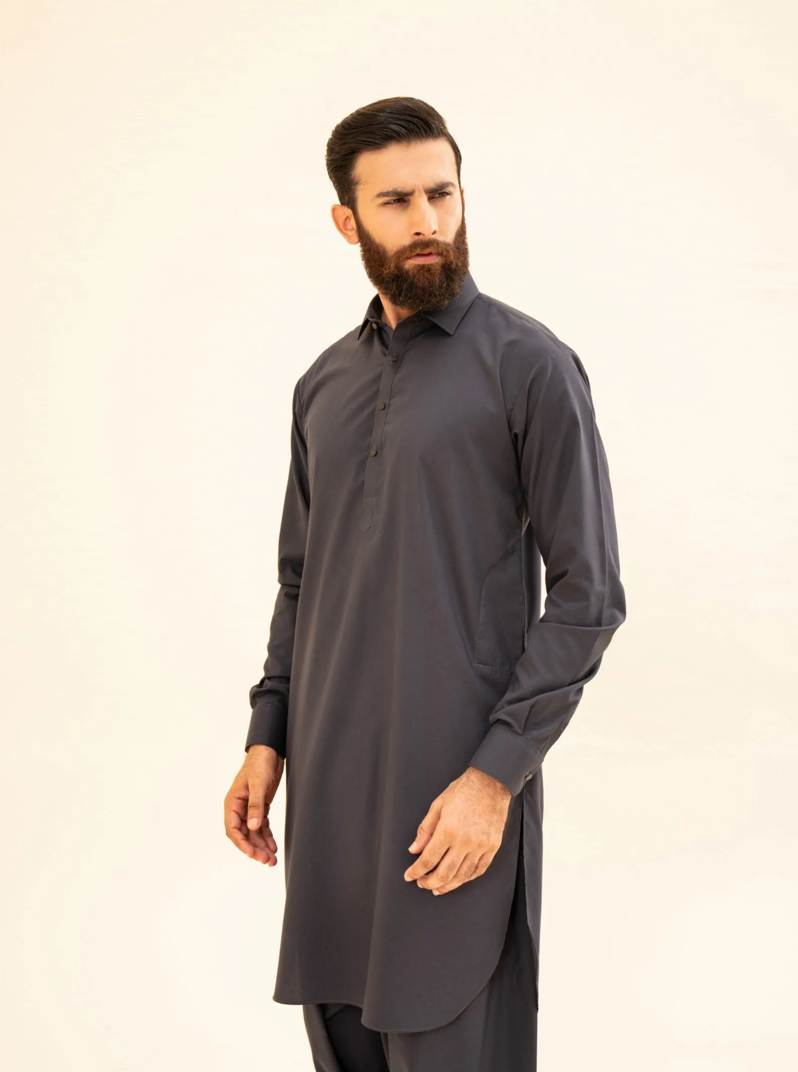 Charcoal Grey French Collar Kameez Shalwar - Men