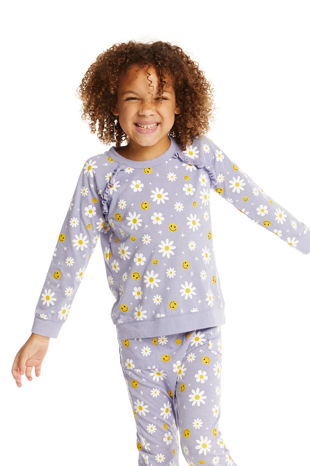 Chaser Smiley Daisies Long Sleeve Ruffle Top