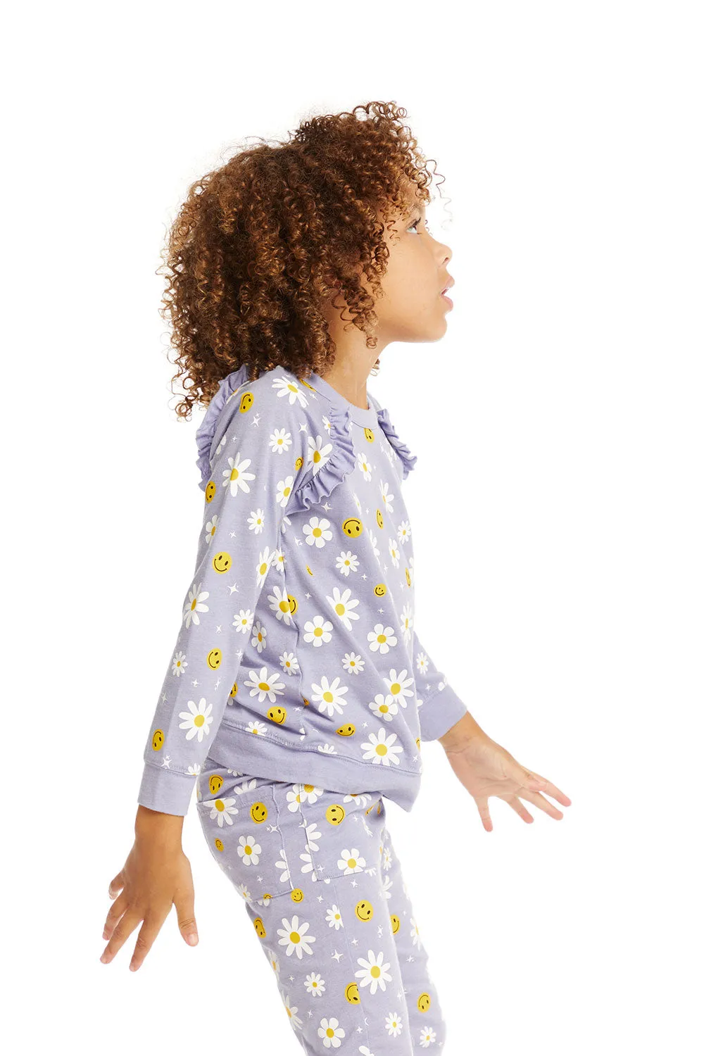 Chaser Smiley Daisies Long Sleeve Ruffle Top