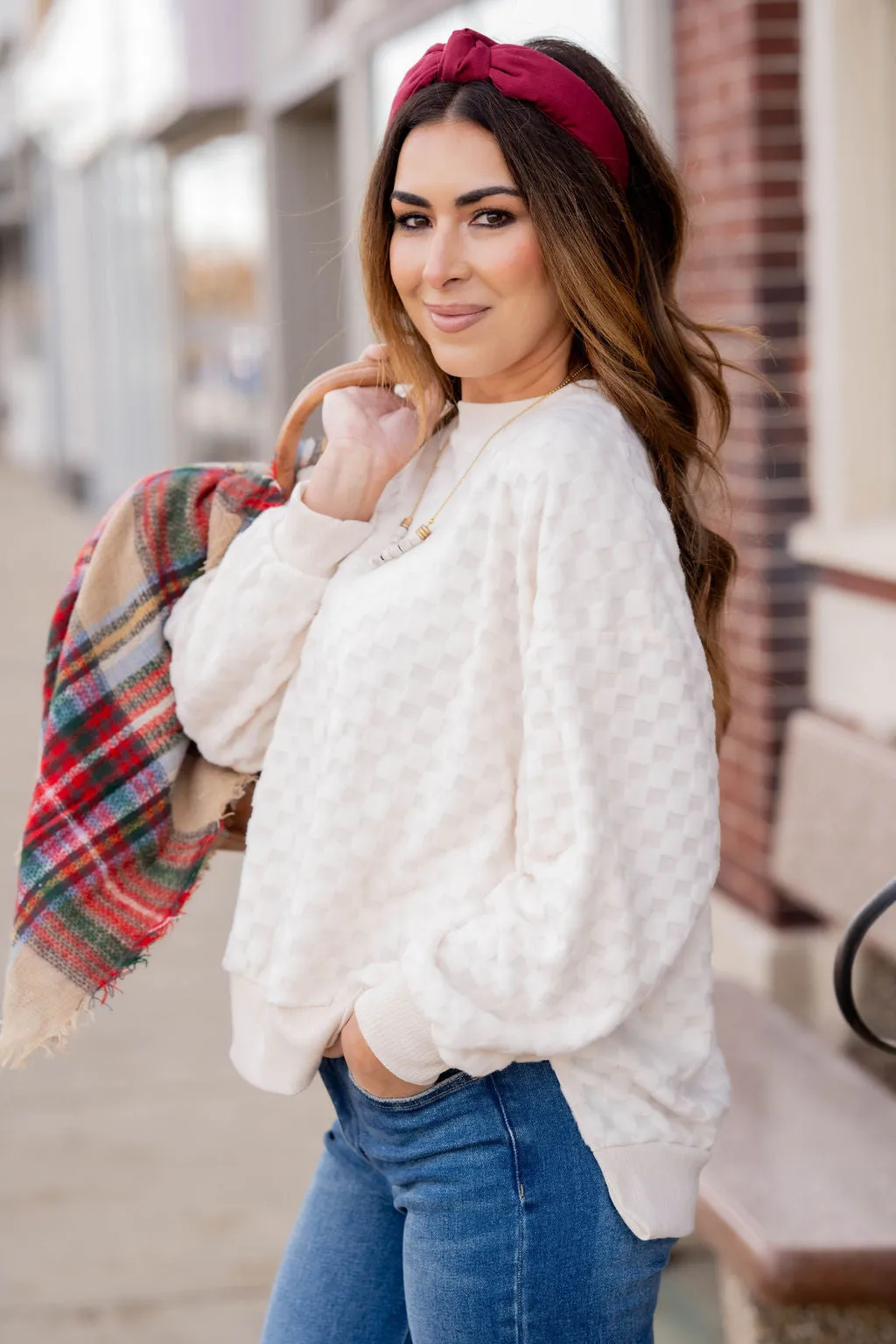 Checkered Side Slit Sweatshirt