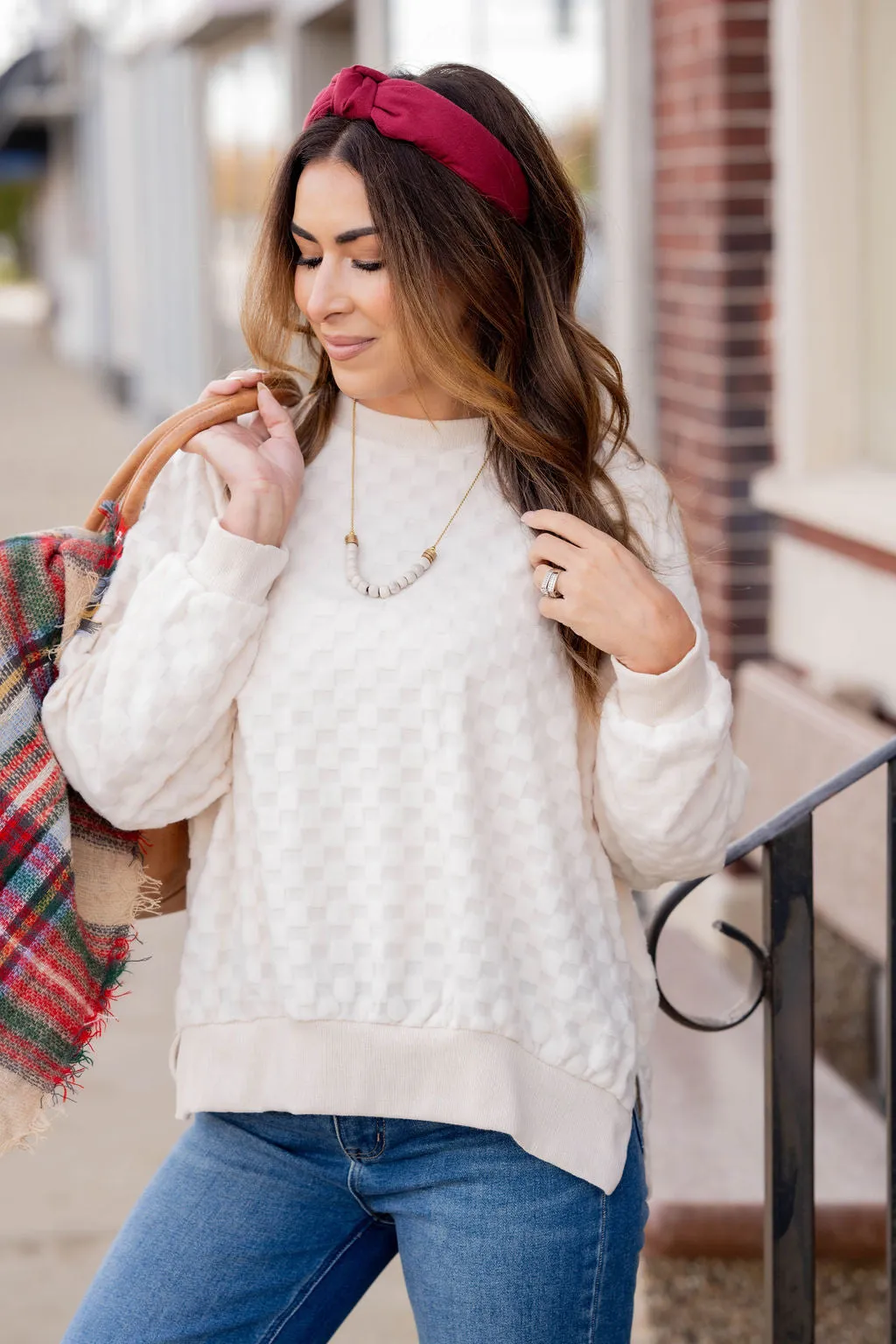 Checkered Side Slit Sweatshirt