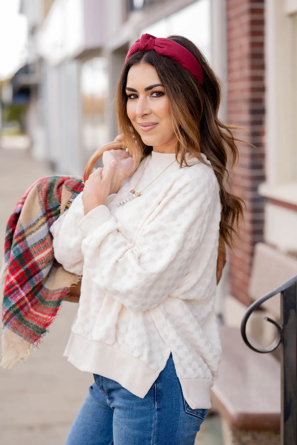 Checkered Side Slit Sweatshirt