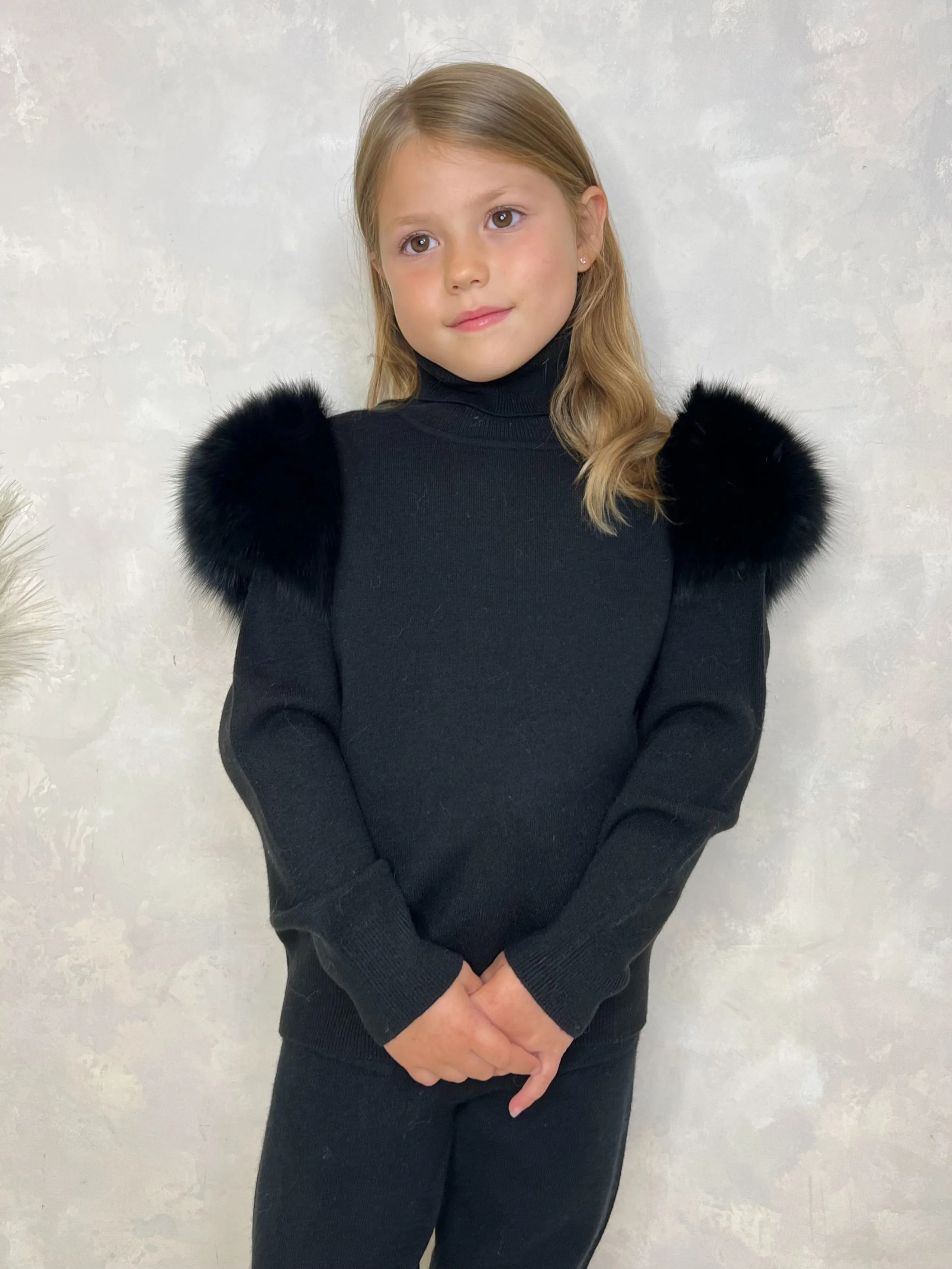 Childrens Black Luxury Fur Roll Neck Jogger Tracksuit