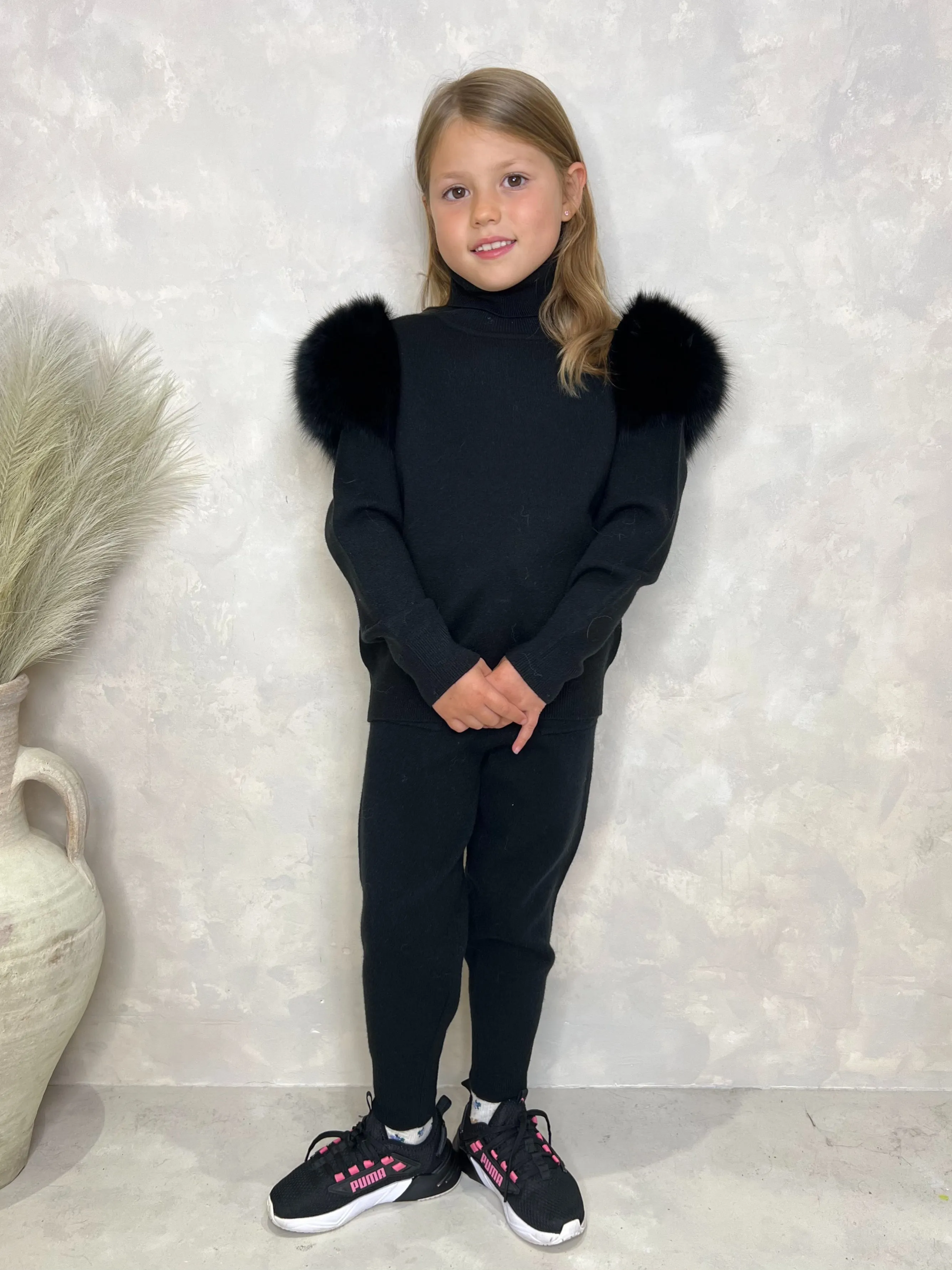 Childrens Black Luxury Fur Roll Neck Jogger Tracksuit