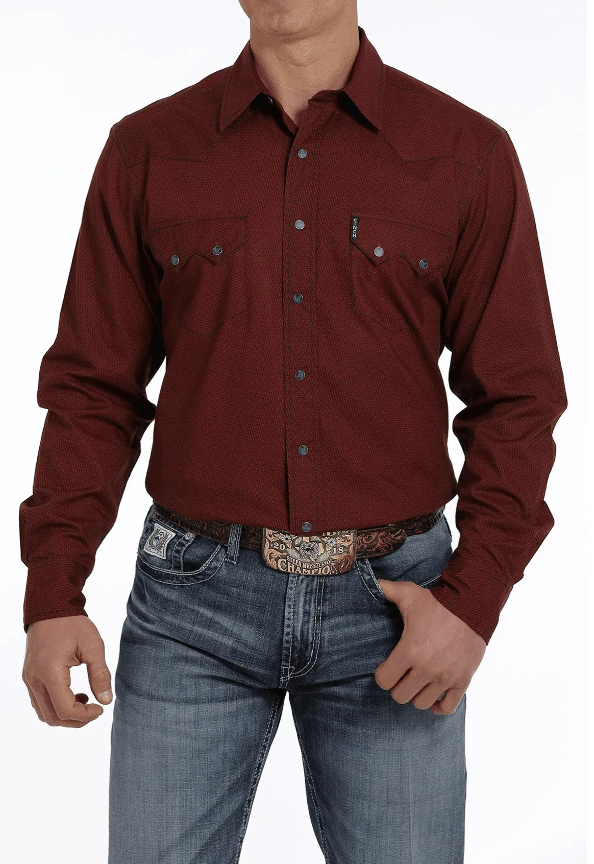 Cinch Men's Red Geo Print Button  Long Sleeve Western Shirt MTW1301055