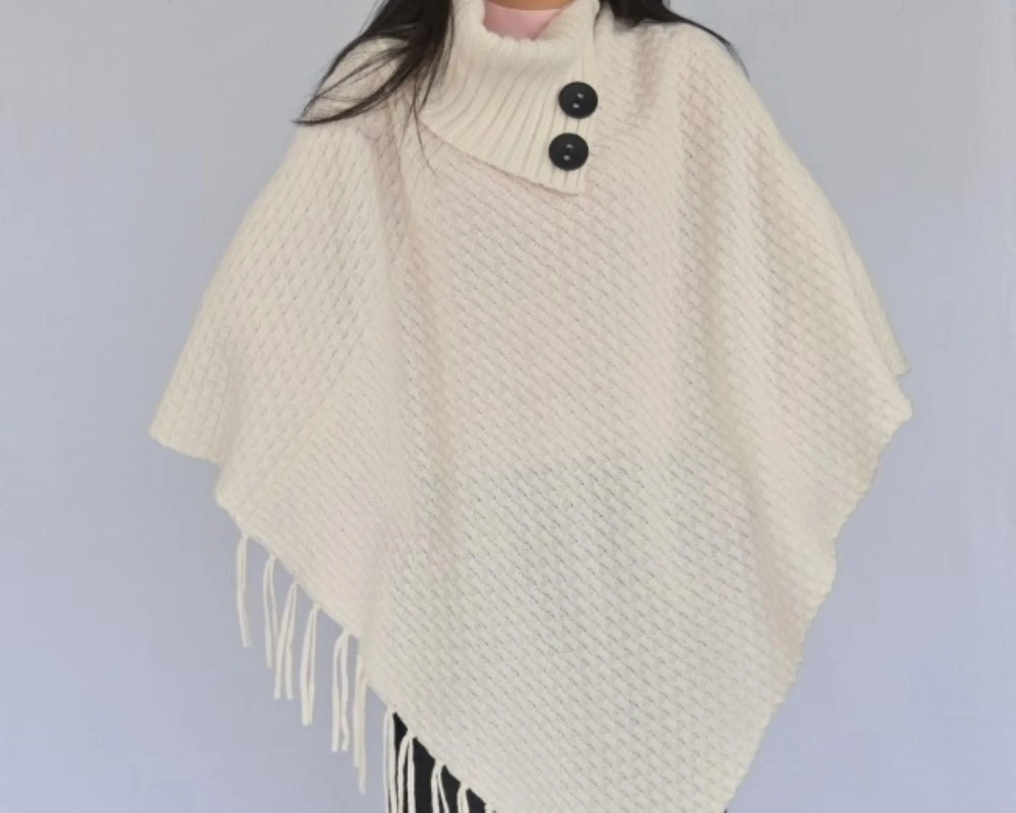 Classic Wool Poncho With Buttons