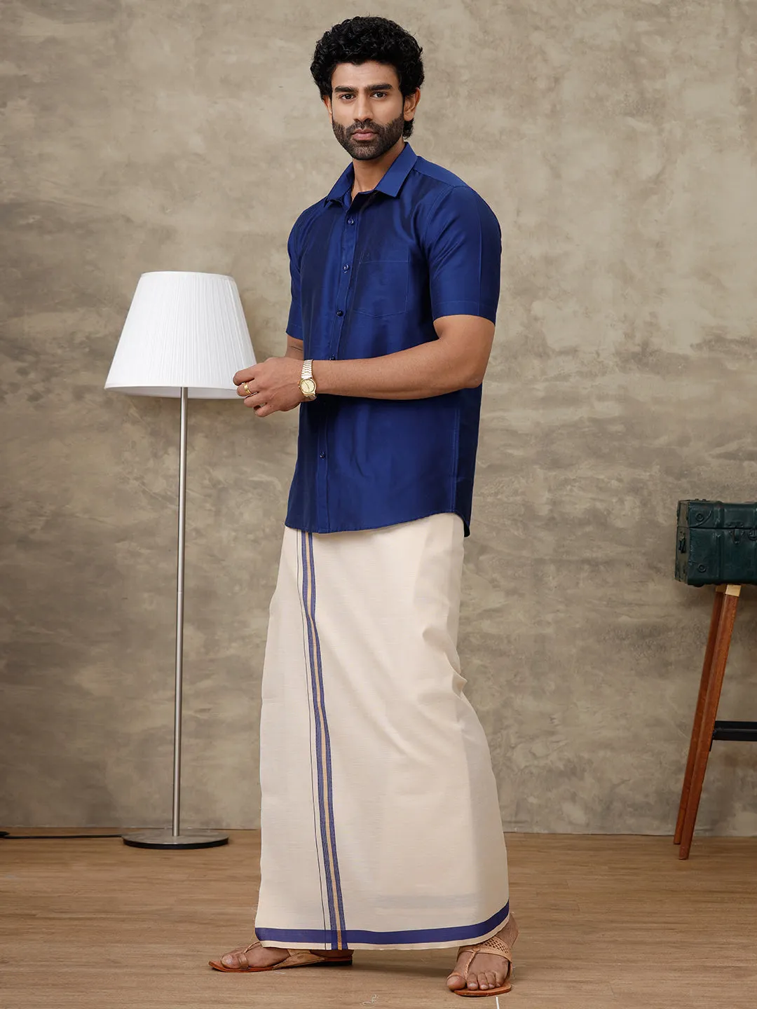 Couple Combo Shirt & Tissue Dhoti Set with Saree Blue SRS89