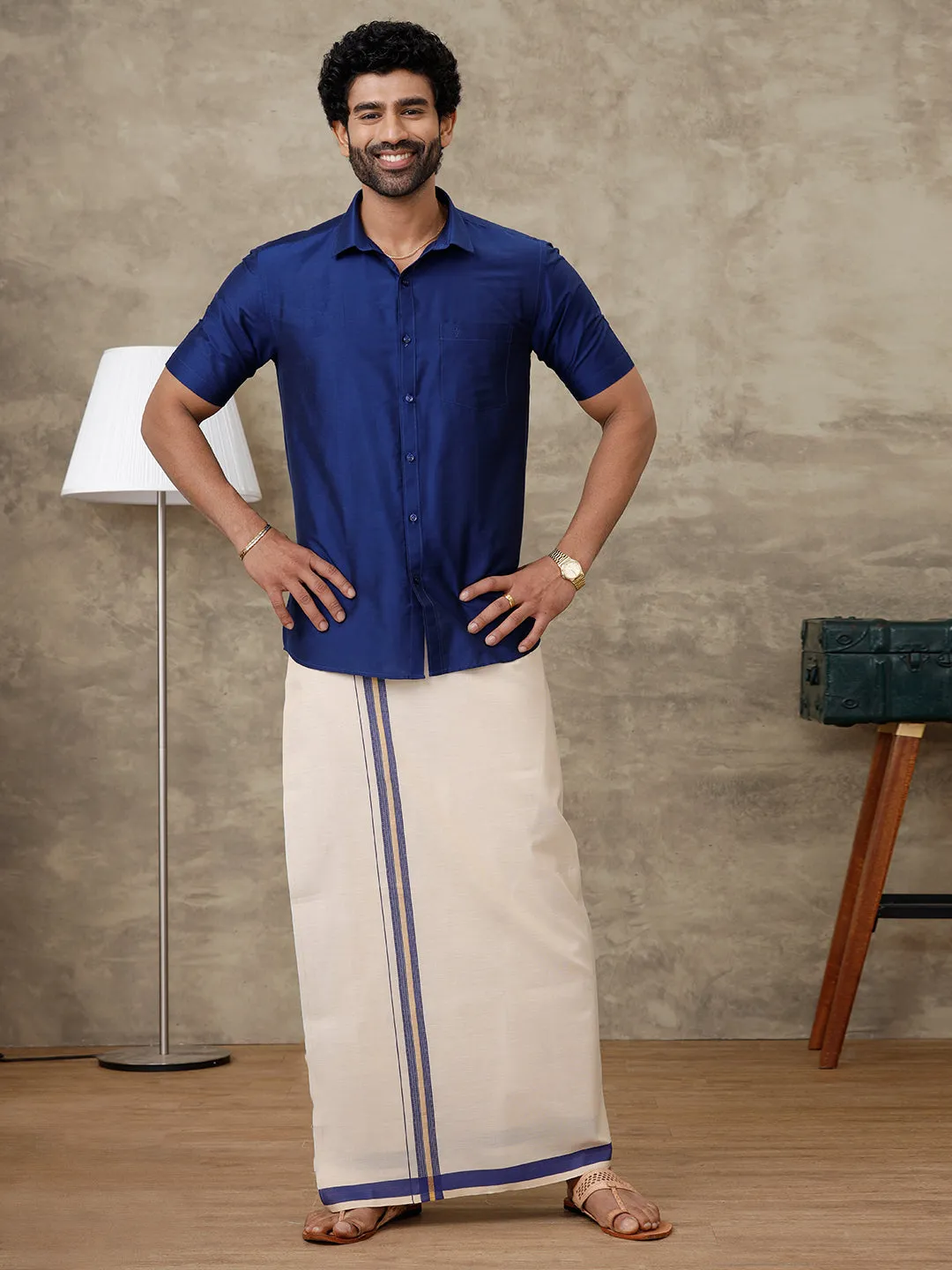 Couple Combo Shirt & Tissue Dhoti Set with Saree Blue SRS89