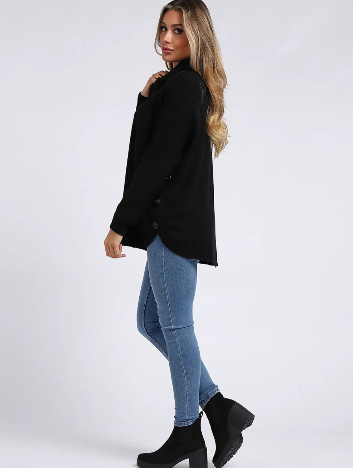 Cowl Neck Side Button Jumper - Black