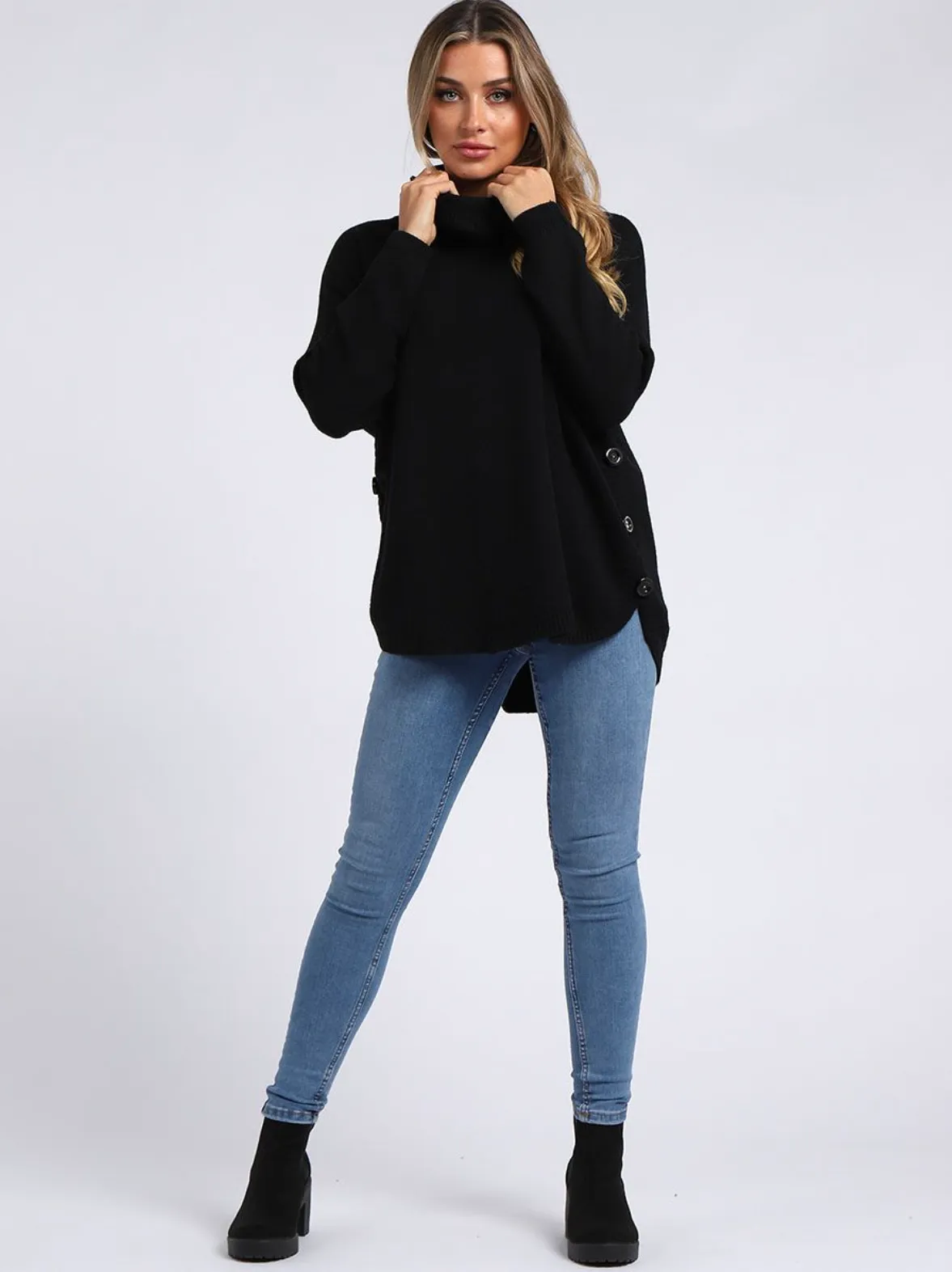 Cowl Neck Side Button Jumper - Black