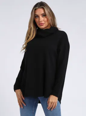 Cowl Neck Side Button Jumper - Black