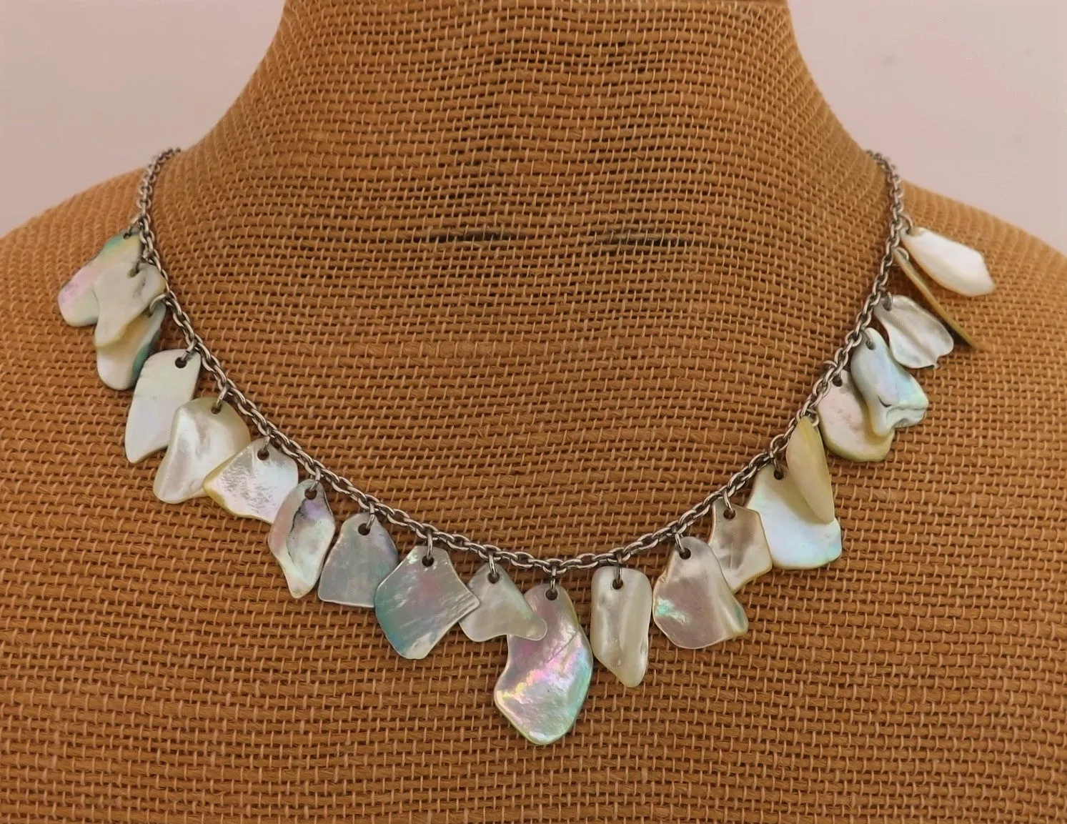 Cream & Green Mother of Pearl Shell on Chain, Collar Necklace