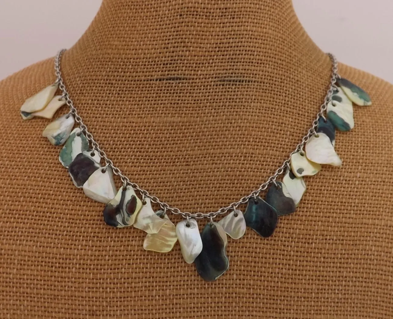 Cream & Green Mother of Pearl Shell on Chain, Collar Necklace